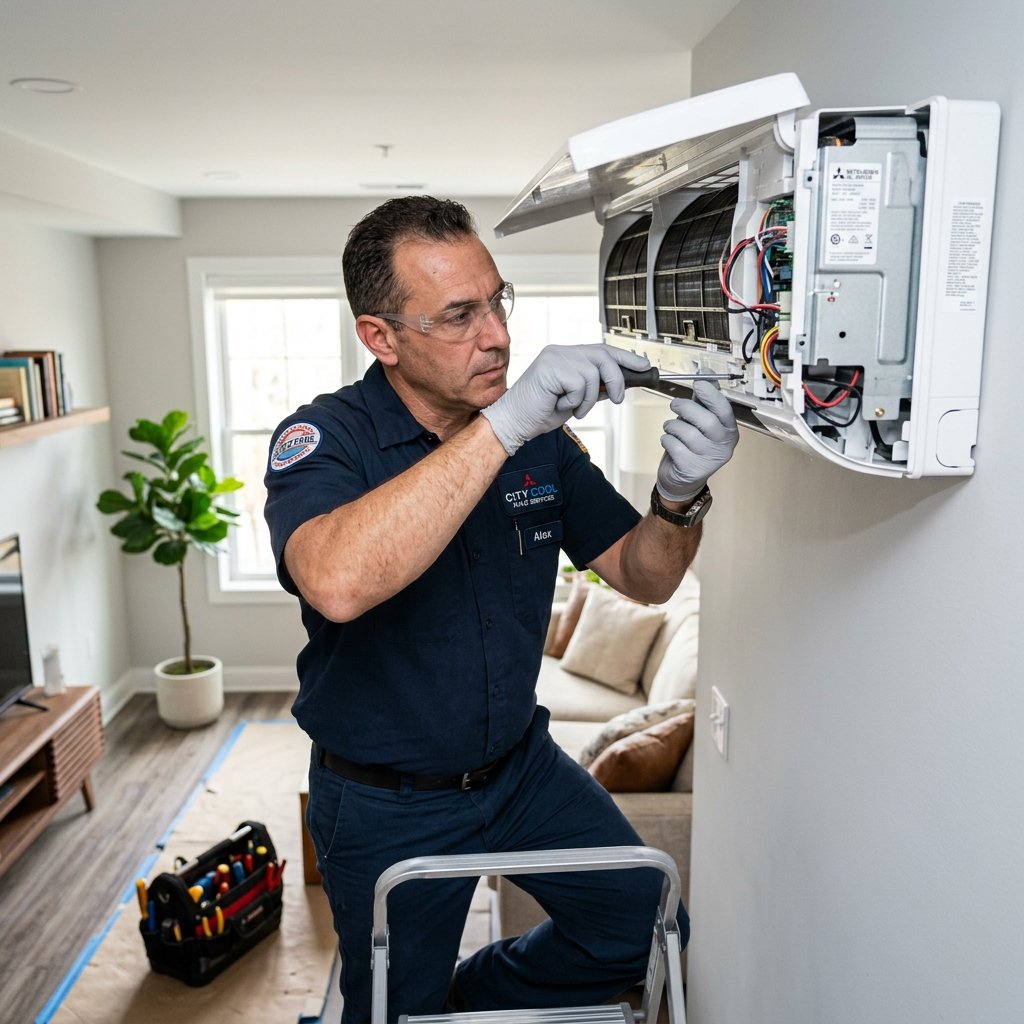 Professional technician repairing a split AC unit
